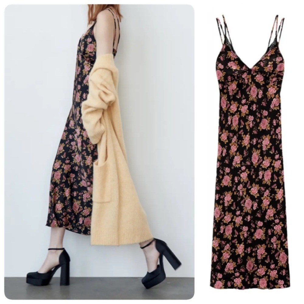 Zara Moody Floral‎ Print and Lace Slip Midi Dress Small